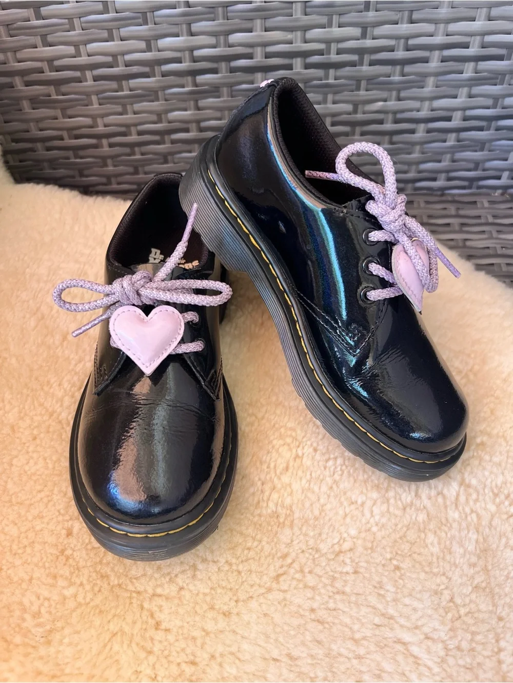 Dr Martens 1461 J Girls Oxford Shoes Sz 13 Black Patent Galaxy Shimmer Heart